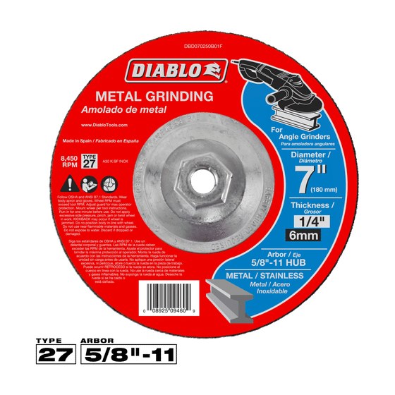 7" x 1/4" x 5/8"-11 Type 27 HUB Metal Grinding Disc